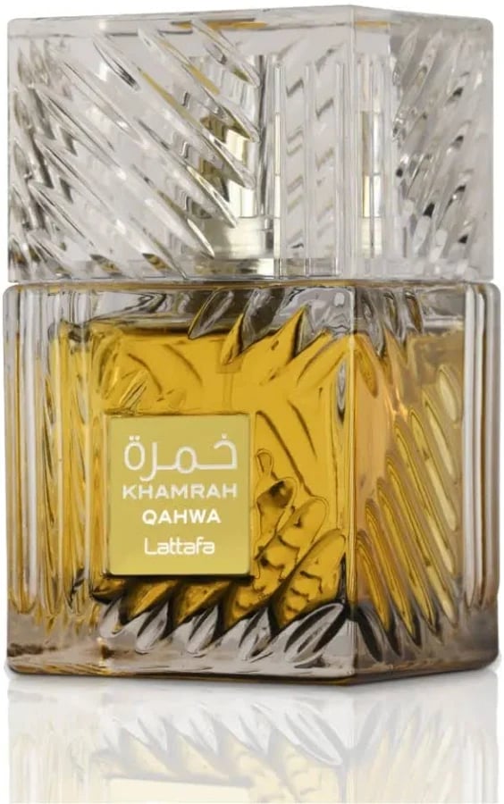 Khamrah Qahwa Lattafa perfume bottle with clear crystalline design and yellow fragrant liquid inside
