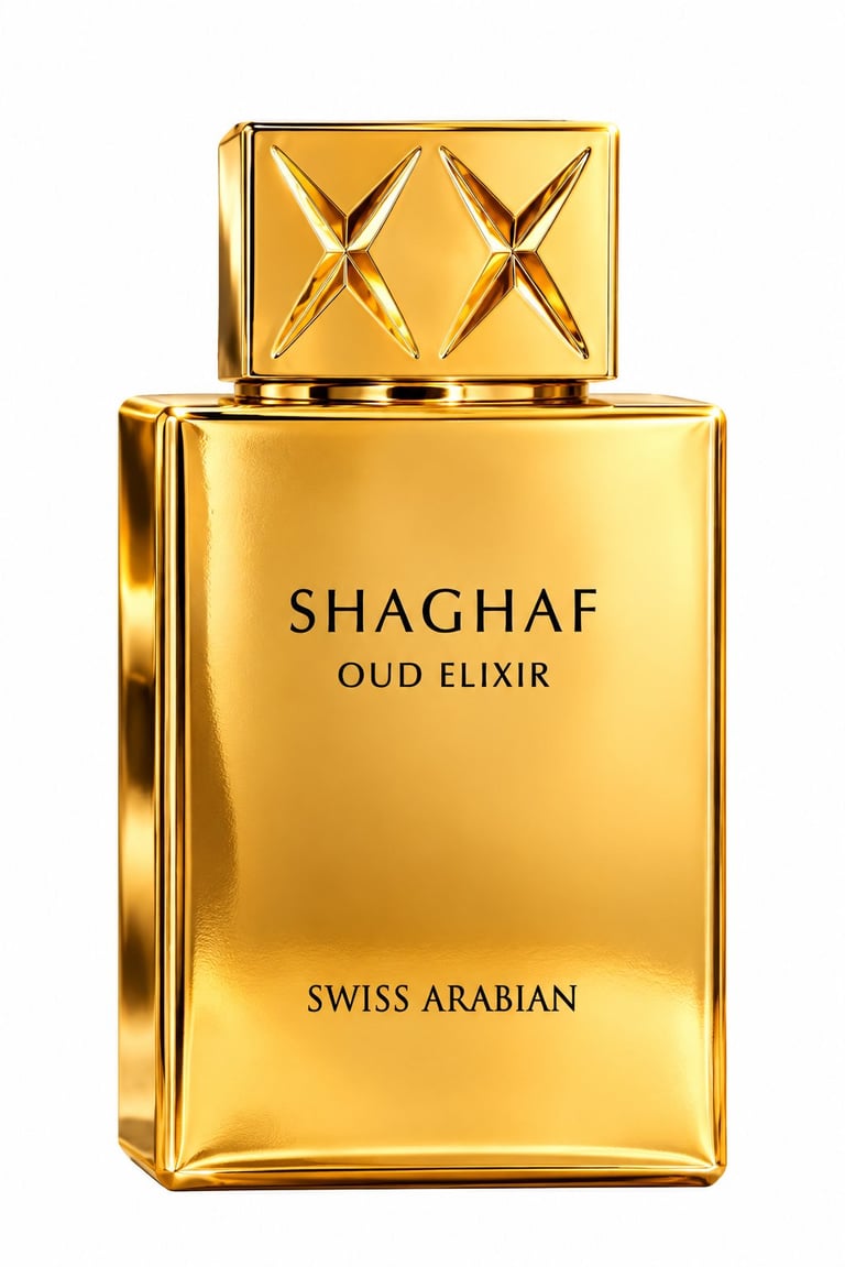 Gold rectangular perfume bottle labeled Shaghaf Oud Elixir by Swiss Arabian with geometric star-patterned cap