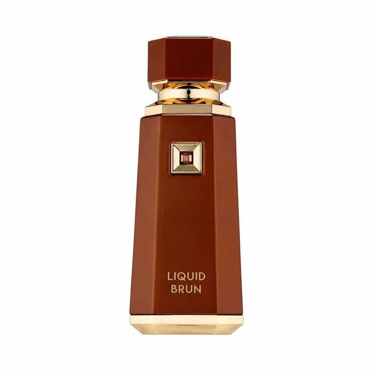 Brown bottle of Liquid Brun fragrance with gold-toned cap and square emblem on center label