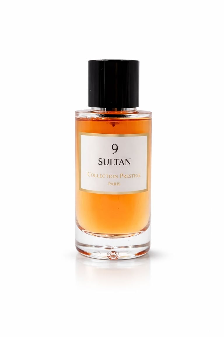 Bottle of Sultan No. 9 perfume from Collection Prestige Paris with golden amber liquid and black cap