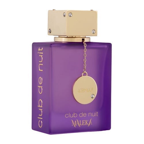 Purple rectangular perfume bottle with gold cap and dangling charm labeled Club de Nuit Maleka