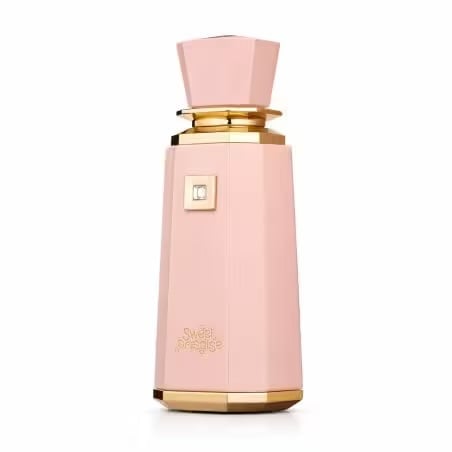 Pink and gold luxury perfume bottle with trapezoid cap and decorative logo detail on white background