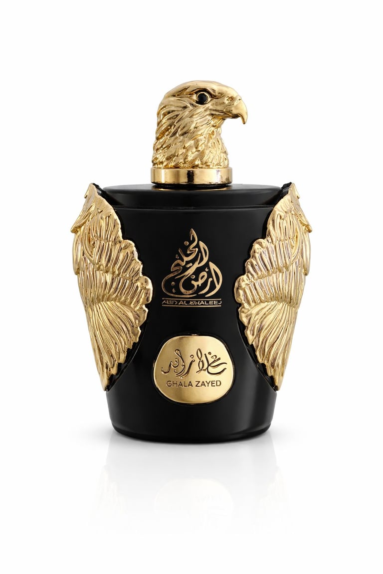 Luxury perfume bottle with black base, gold eagle figurine on top, and large gold wings on sides