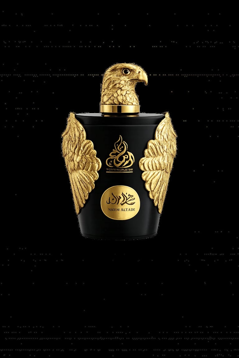 Black luxury perfume bottle with gold eagle head stopper, ornate gold wings, and Nasim Altair branding on dark background