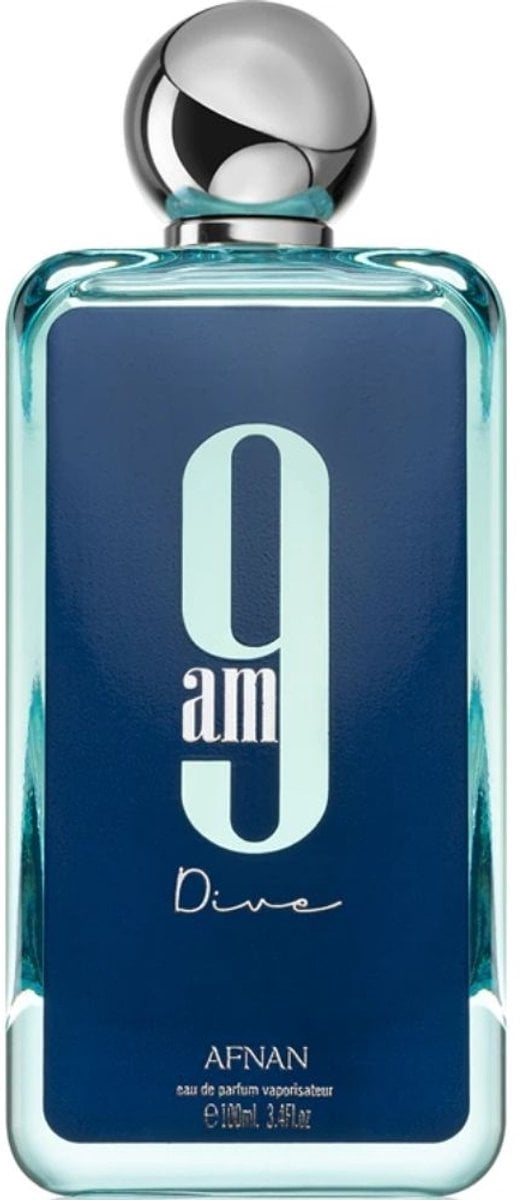 Bottle of Afnan 9am Dive eau de parfum with dark blue label and silver spherical cap