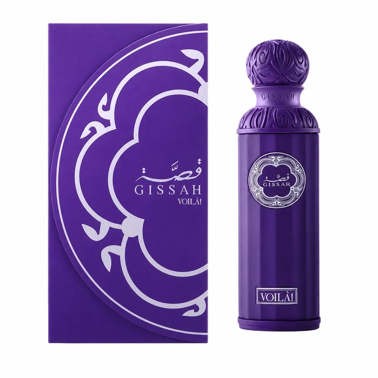 Paarse Gissah Voilai parfum fles en decoratieve doos met sierlijke witte dessin patronen
