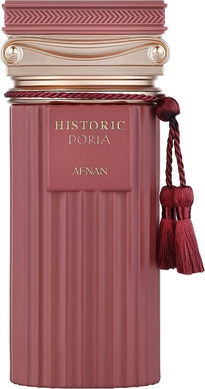 Ornate burgundy perfume bottle labeled Historic Doria by Afnan with decorative gold accents and a burgundy tassel