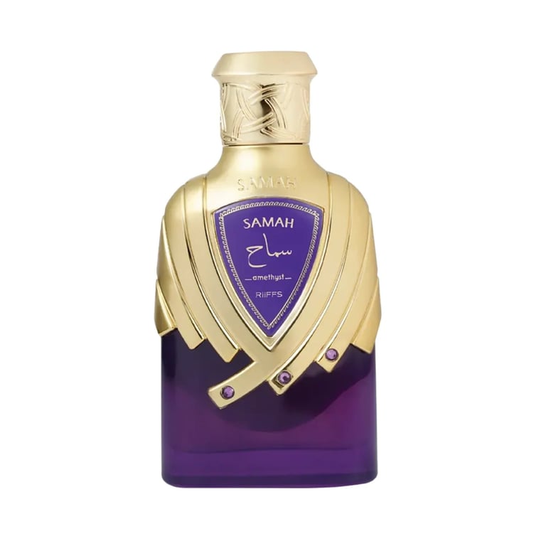 Samah luxury perfume bottle with gold cap and purple glass body against white background