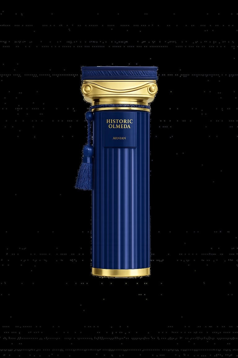 Luxury perfume bottle with deep blue ribbed glass, gold accents, and blue tassel on black background