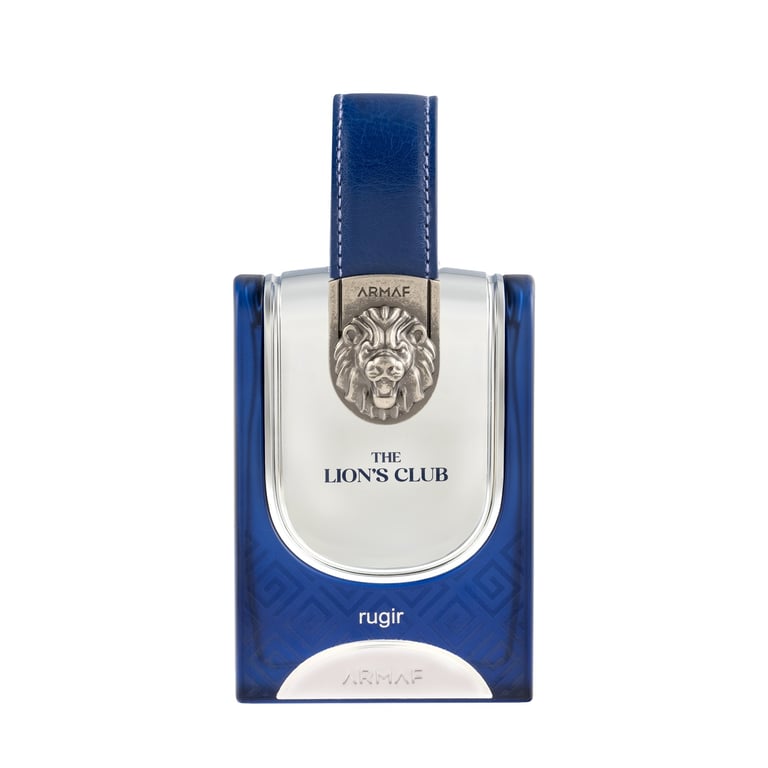 The Lions Club perfume bottle by Armaf with navy blue leather strap and silver lion emblem on white label
