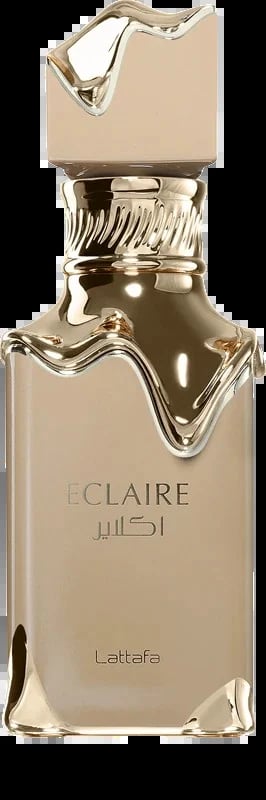 Eclaire perfume bottle by Lattafa with gold-toned cap and beige liquid, featuring Arabic and English text on cream-colored label