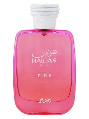 Pink perfume bottle labeled Hawas For Her Pink with white threaded cap on white background
