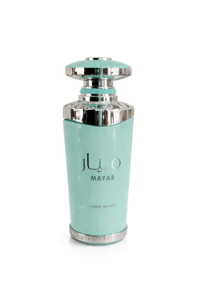 Julo Mayar turquoise perfume bottle with silver chrome cap and trim against white background