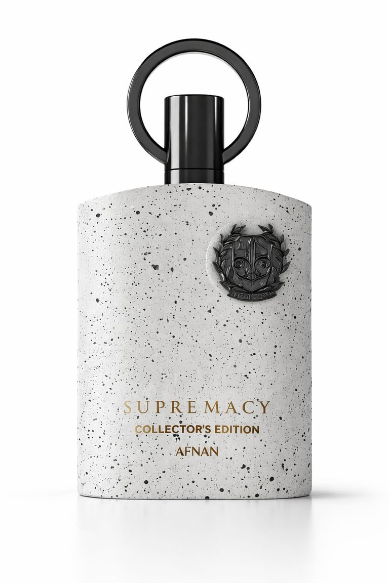 Supremacy Collectors Edition Afnan perfume bottle with speckled white concrete texture and black metallic ring cap