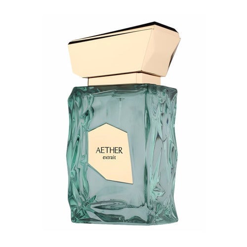 Aether Extrait perfume bottle with teal crinkled glass and cream-colored label and cap