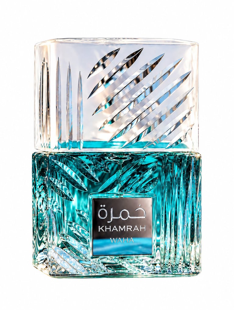 Khamrah Waha luxury perfume bottle with turquoise crystal-cut design and feather-patterned cap