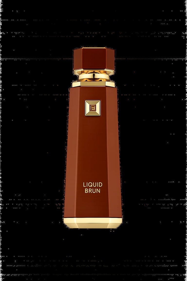 Brown rectangular perfume bottle labeled Liquid Brun with gold accents and cap on black background