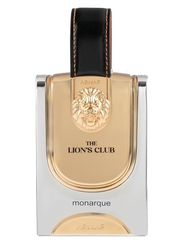 Bottle of The Lions Club perfume by Arihae Monarque with gold liquid, lion emblem, and black leather strap