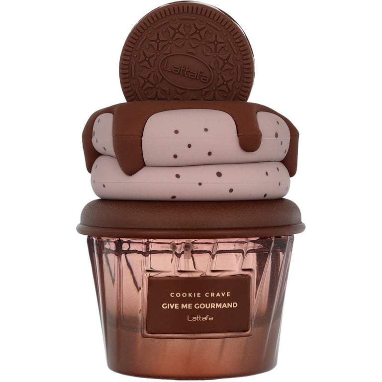 Latafa Cookie Crave perfume bottle designed as a stack of cookies and a cookie on top, featuring brown and cream colors