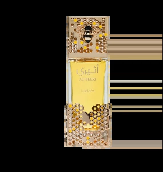 Atheeri luxury perfume bottle with golden bee-decorated cap and honeycomb-patterned base