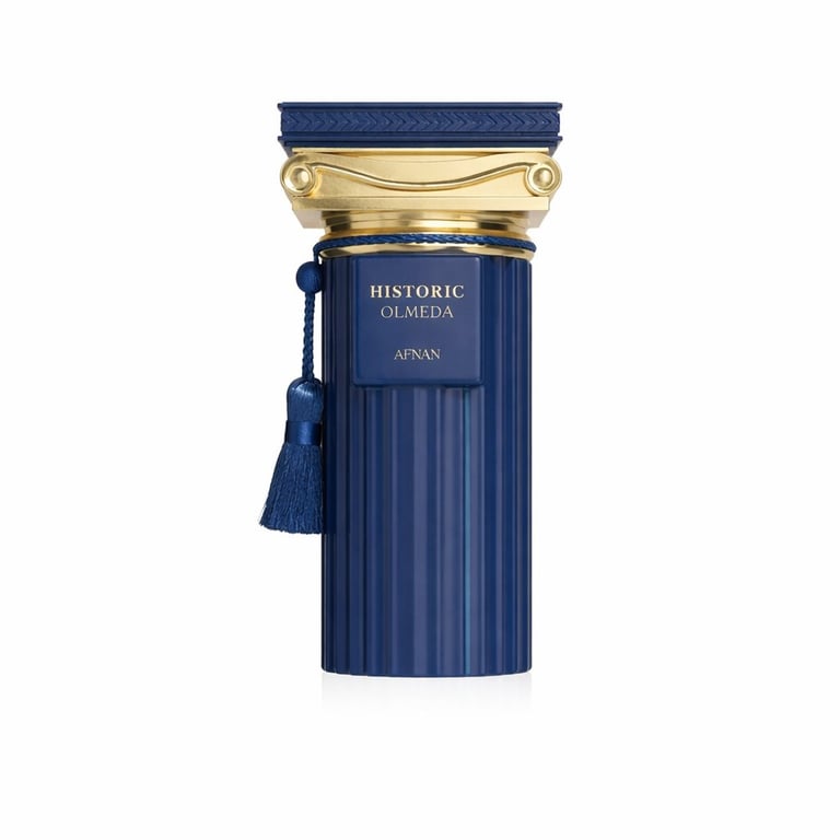 Dark blue perfume bottle with gold trim, ribbed texture, tassel, and Historic Olmedia label by Ajman