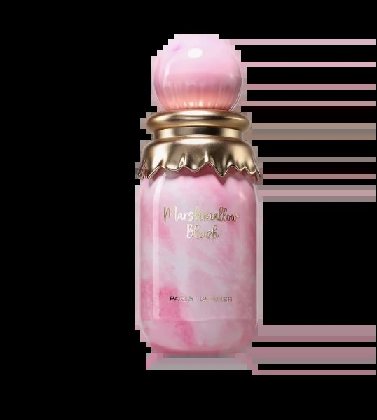 Pink glass perfume bottle with ornate gold cap and spherical pink stopper, labeled Marshmallow Blush