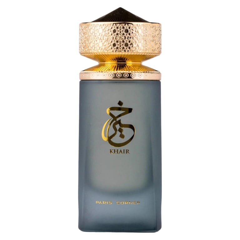 Khair luxury perfume bottle by Paris Corner with gray frosted glass and ornate gold cap on white background