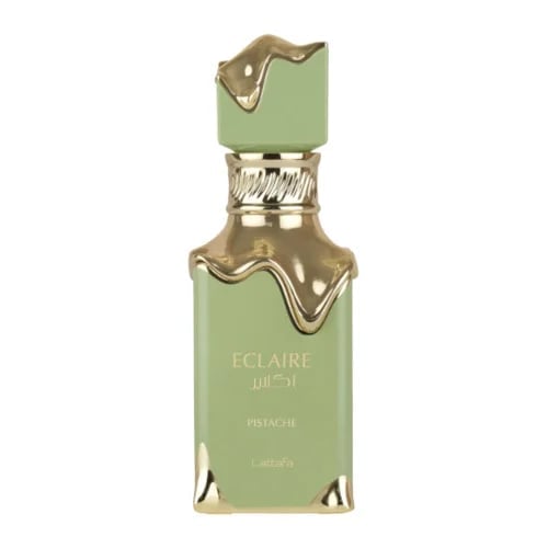 Eclaire Pistache perfume bottle with green glass and gold-toned metal cap and accents
