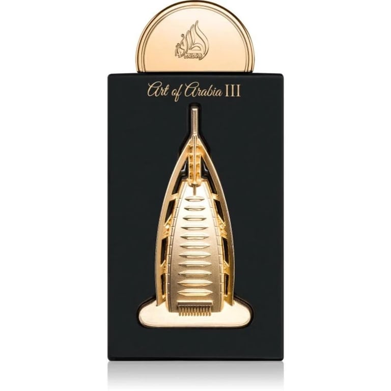 Art of Arabia III fragrance bottle with golden Burj Al Arab building design on black packaging