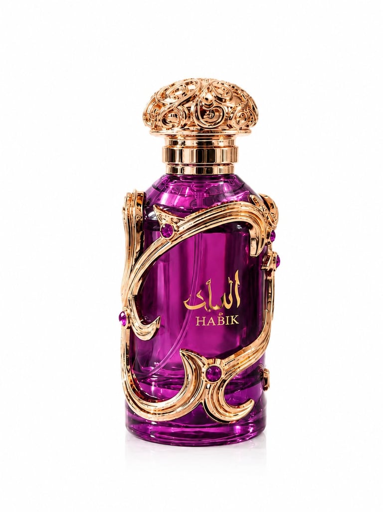 Luxury purple perfume bottle with ornate gold cap and decorative gold trim on white background