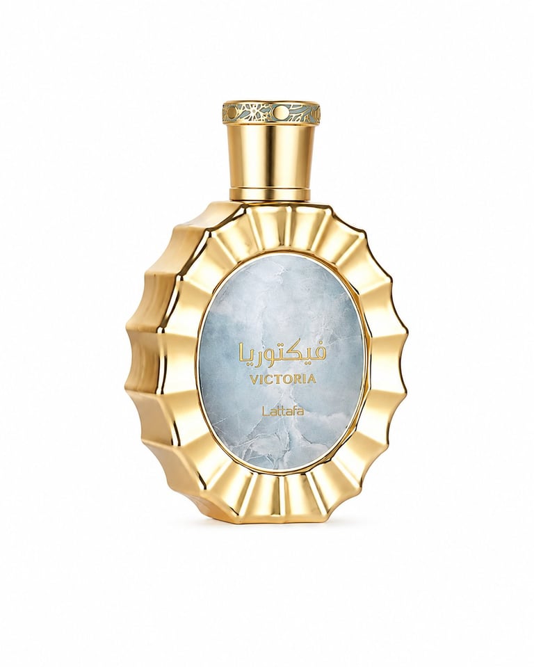 Gold ornate perfume bottle with oval light blue label and decorative scalloped border on white background