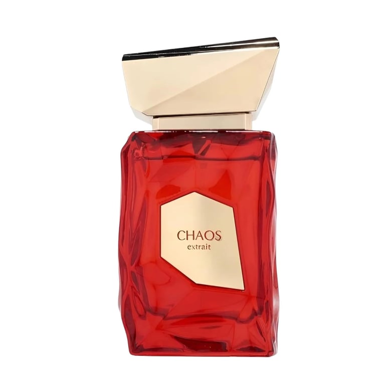 Red luxury perfume bottle labeled CHAOS extrait with gold and cream accents against white background