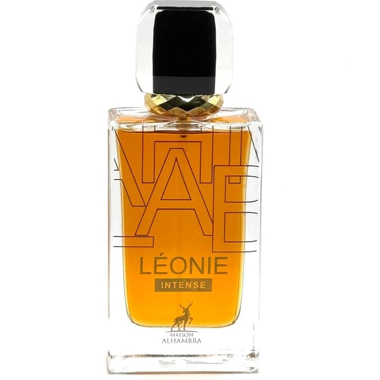 Bottle of LEONIE INTENSE perfume by Alhambra with amber liquid, black cap, and geometric logo design